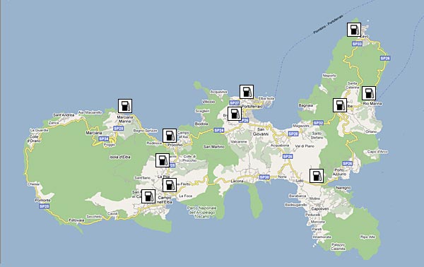 Cartina dell'Isola d'Elba con distributori